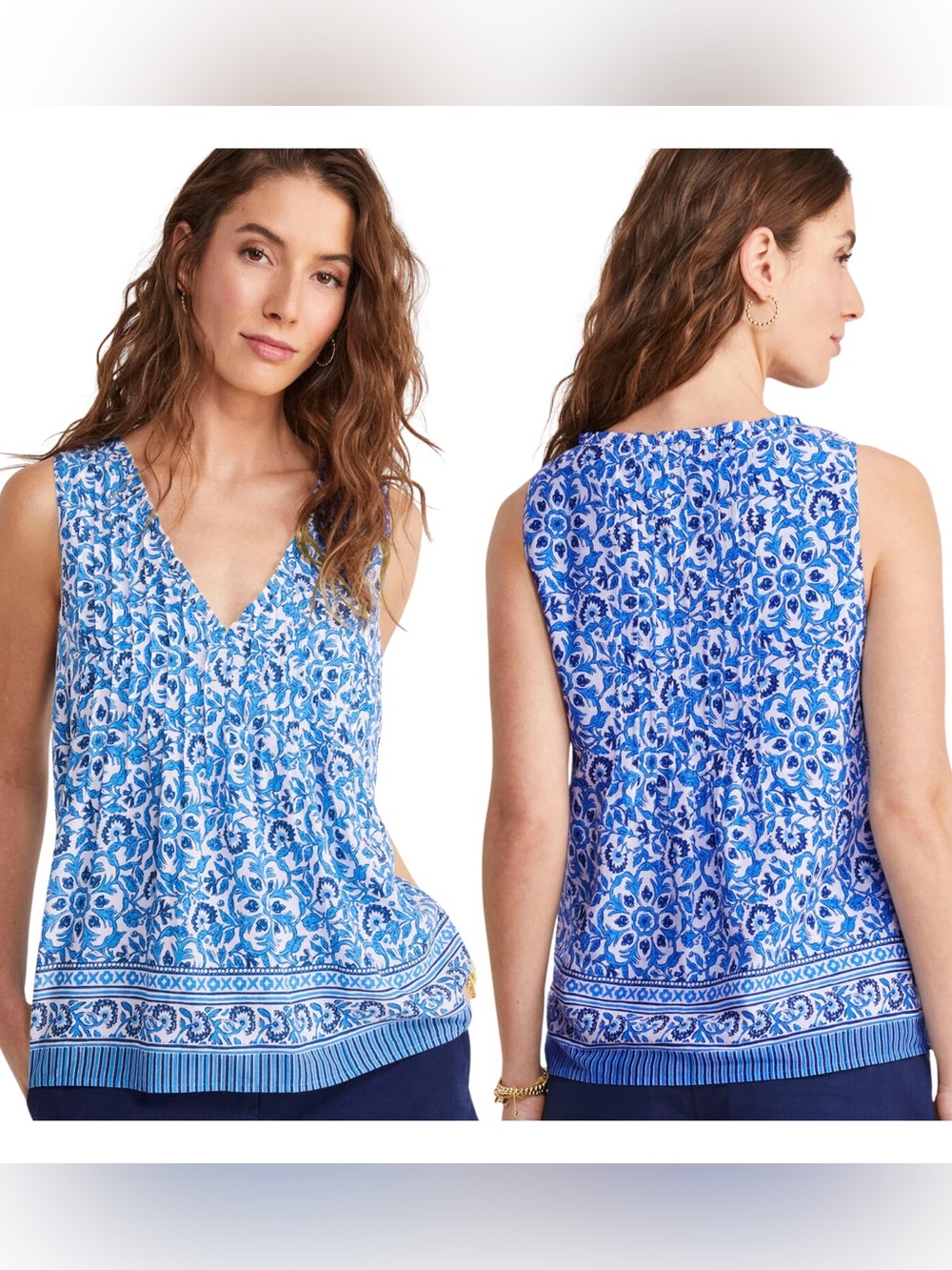 Vineyard Vines Blue Tile Print Tank XS Pintuck Sleeveless Coastal Summer Top